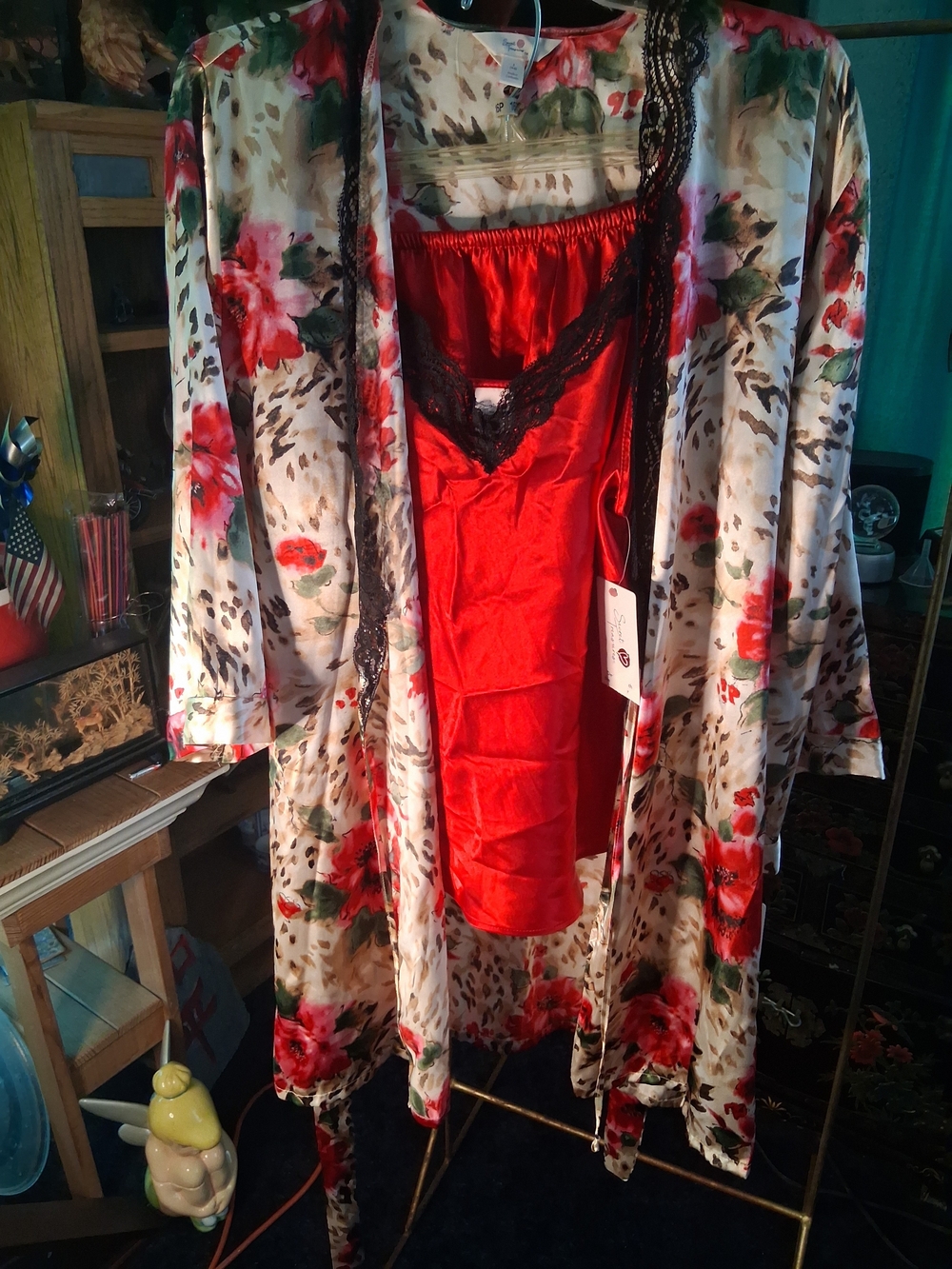 Secret Treasures Red Satin Chemise With Bottoms with Cream Floral Satin Robe